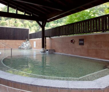 Covered stone onsen bath with wooden roof and forest views at Yumoto Koganeyu Hokkaidō
