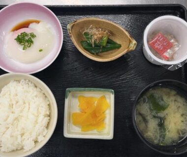 Steamed rice, miso soup, pickles and side dishes on tray at Yumoto Koganeyu Hokkaidō