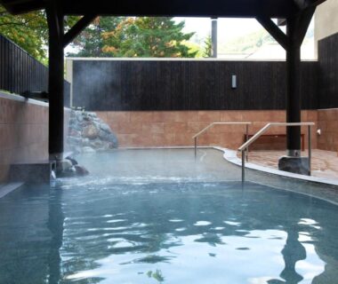 Steam rising from a wooden-roofed onsen pool with stone steps at Yumoto Koganeyu Hokkaidō