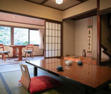 Tatami room with low table, shoji screens and window seating at Yumoto Ueyama in Hyōgo, Kansai, Japan