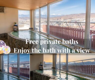 Indoor onsen bath with panoramic windows at Yumotoya overlooking Nagano mountains