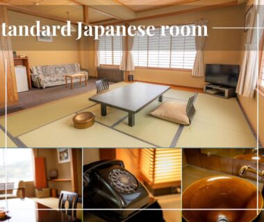 Spacious tatami room with low table, zabuton cushions, shoji screens and seating at Yumotoya in Nagano