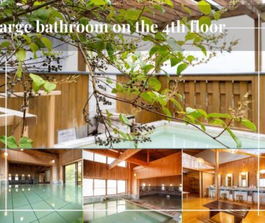 Spacious indoor onsen with wooden interiors and large windows at Yumotoya in Nagano, Chubu
