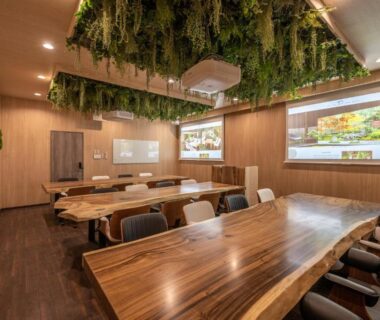 Communal wooden tables and chairs with hanging greenery and projection screens in Yumura Onsen MIDORIYA meeting room, Hyōgo