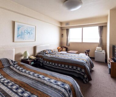 Twin beds with patterned bedspreads, TV and window in Yunohama Hotel room, Hokkaidō