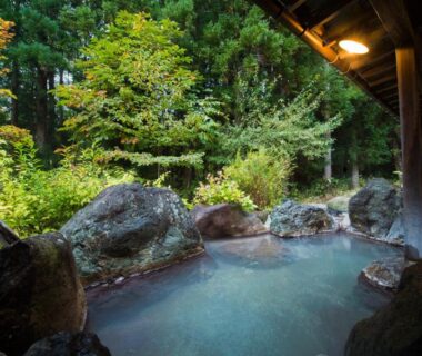 Sheltered outdoor onsen with rock edging and forest backdrop at Yunohirakan, Chūbu, Gifu, Japan