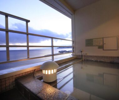 Indoor onsen bath with railing and sea view at Yunokawa Prince Hotel Nagisatei, Hokkaido