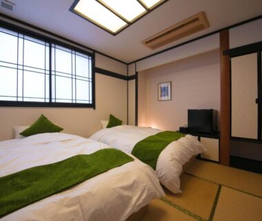 Traditional tatami room with two futon beds, green runners, shoji-style window and small TV