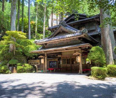 Traditional wooden entrance with red benches and cedar trees at Yunoshimakan, Gifu, Chūbu Japan
