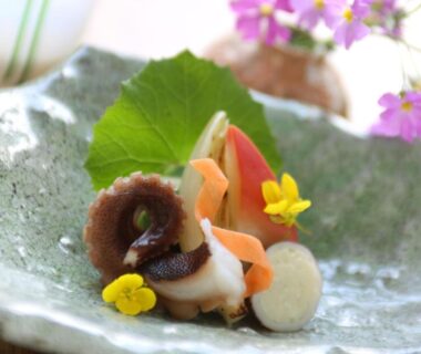 Delicate small plate with vegetables and edible flowers at Yunoyado Irifune, Kumamoto, Kyūshū