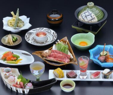 Assorted Japanese small dishes with sashimi and tempura at Yura No Yado Seifuen, Nagano