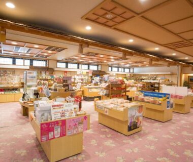 Interior souvenir shop with wooden display counters and floral carpet at Yura No Yado Seifuen, Nagano