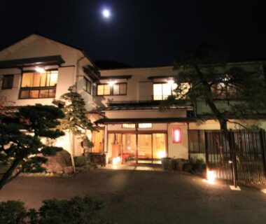 Lit traditional ryokan entrance with garden trees and moonlit sky at Yusakaso in Kanagawa