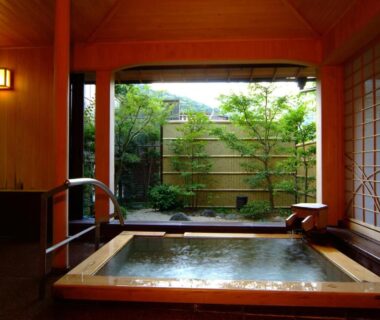 Indoor onsen bath with garden view at Yusakaso in Kanagawa