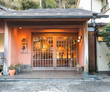 Warm wooden entrance with sliding doors and potted plants at Yushintei, Kanagawa ryokan