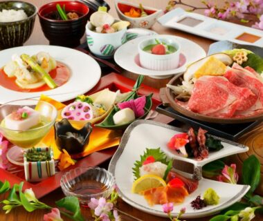 Assorted traditional Japanese dishes and table setting at Yutorelo Beppu in Ōita, Kyūshū, Japan