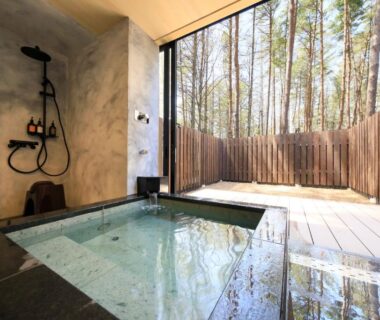 Stone-edged onsen bath with indoor shower and glazed doors opening to wooden deck and pine trees