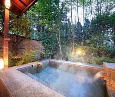 Steaming outdoor stone bath framed by bamboo at Yutorelo-an in Kanagawa, Japan