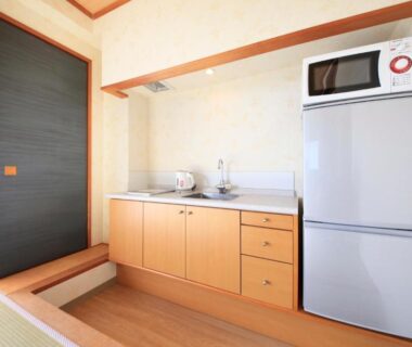 Small kitchenette with refrigerator, microwave, sink and tatami flooring in a Yutorelo-an ANNEX room, Kanagawa
