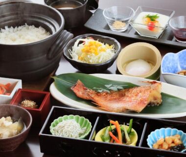 Grilled fish with rice pot, soup and assorted side dishes at Yutoriro Bandai Atami, Fukushima