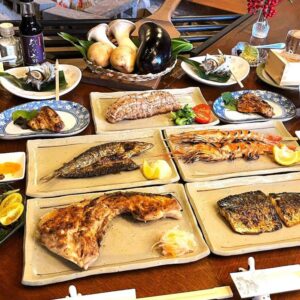 Assorted grilled fish and side dishes at Yuuzuru ryokan in Shizuoka