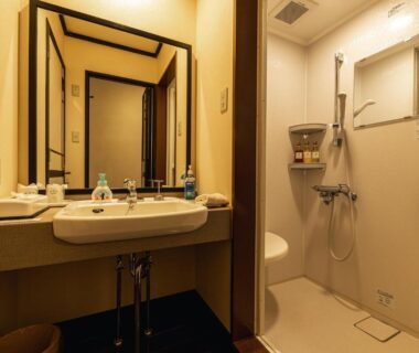 Compact ryokan bathroom with sink, mirror, toiletries and enclosed shower stall at Yuyado DAIICHI in Hokkaidō