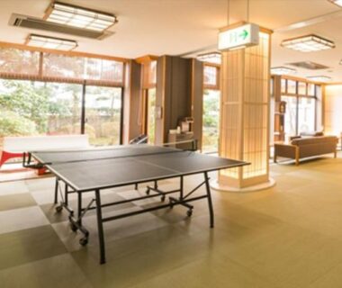 Ping-pong table in lounge with tatami flooring at Yuzennoyado Toukai, Saga, Kyūshū