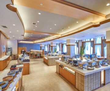 Spacious buffet dining area with multiple food stations, Zao Shiki no Hotel, Yamagata, Tōhoku, Japan