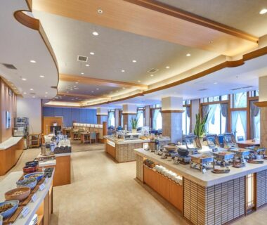 Spacious buffet dining area with multiple food stations, Zao Shiki no Hotel, Yamagata, Tōhoku, Japan