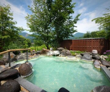 Stone-lined outdoor onsen with trees and mountain backdrop at Zao Shiki no Hotel, Yamagata