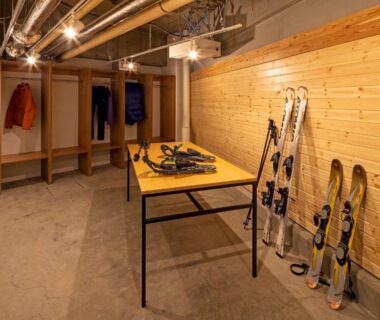 Ski gear, boots and coats in a storage room at adex Inn Hokkaidō