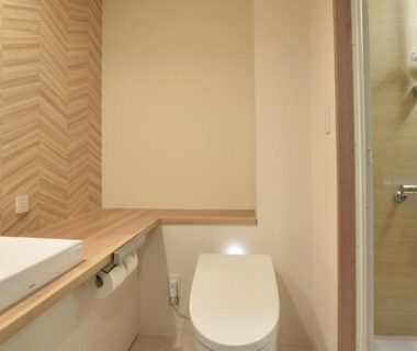 Compact bathroom with sink, toilet, wooden countertop and separate shower at adex Inn Hokkaidō
