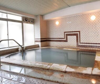 Tiled indoor onsen bath with stone edge, handrail and window at adex Inn Hokkaidō