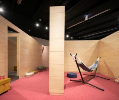 Hammock and low seating on pink carpet with wooden partition walls at caffel Hina-no-sato, Ōita