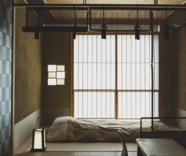 Tatami room with futon and shoji screens at cyashitsu ryokan asakusa in Tokyo