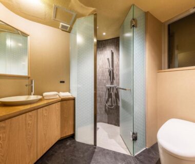 Bathroom with glass-enclosed shower, wooden vanity and toilet at cyashitsu ryokan asakusa Tokyo