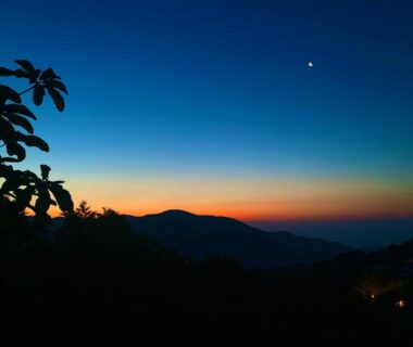 Twilight mountain silhouettes with crescent moon, near gran terrace Le Lien Hakone in Kanagawa