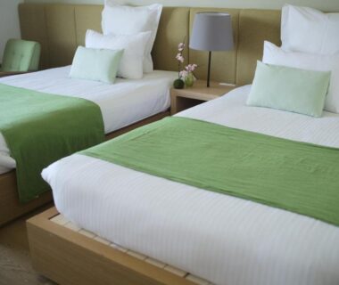 Twin beds with green runners, bedside lamp and small orchid in Hakone ryokan room, Kanagawa