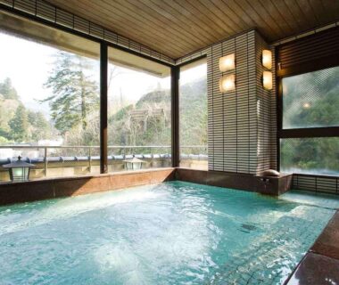 Indoor onsen bath with large windows overlooking forested mountains at Kanazawayuwakuonsen Nihonryourisakaeya, Ishikawa