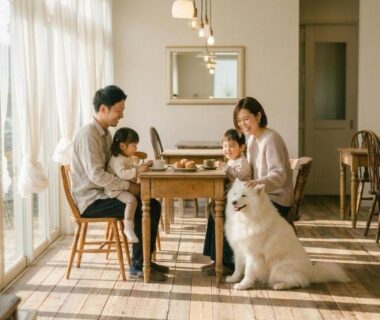 Sunlit dining area with family and white dog around a wooden table in a ryokan interior in Iwate, Tōhoku