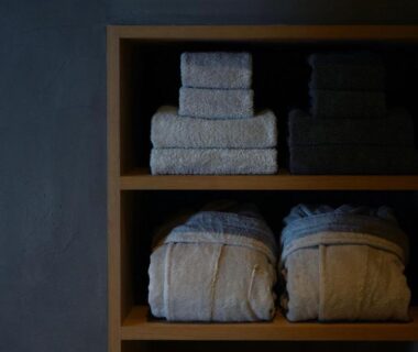 Wooden shelf holding folded robes and towels at kutokuan in Gifu, Chūbu