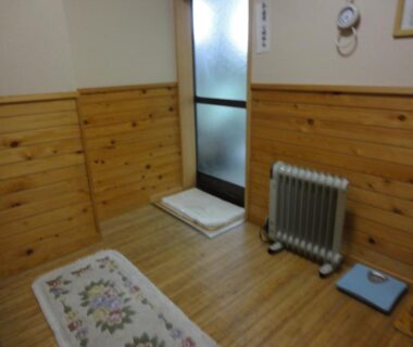 Small wood-paneled room with electric heater, rug and frosted glass door at Kintoki Sanso, Hakone, Kanagawa