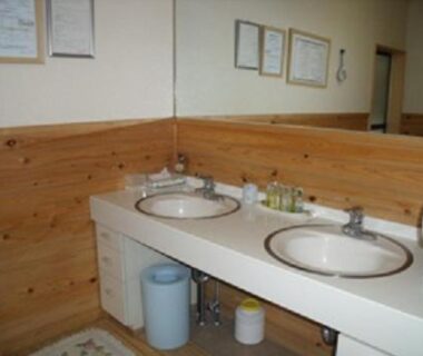Double sink with wooden paneling and toiletries in a shared washroom at Kintoki Sanso, Hakone, Kanagawa, Kantō