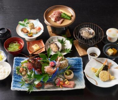 Assorted traditional Japanese dishes and small plates served at Obama-sō ryokan in Mie