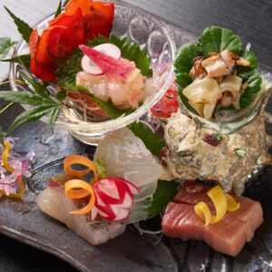 Assorted sashimi and garnishes at Obama-sō ryokan in Toba, Mie
