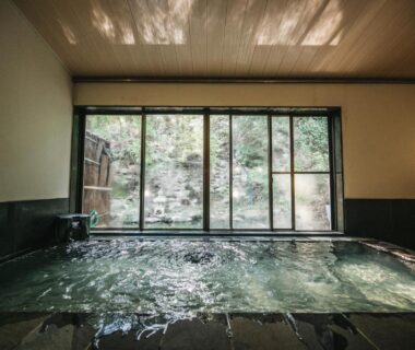 Indoor onsen bath with garden view at Obama-sō ryokan in Toba, Mie