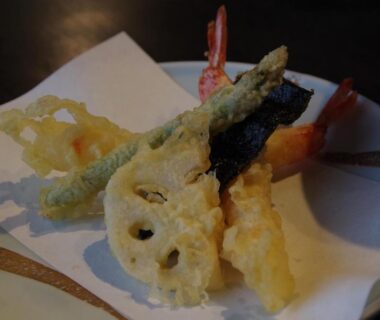 Assorted tempura including shrimp and lotus root at Obama-sō ryokan in Toba, Mie