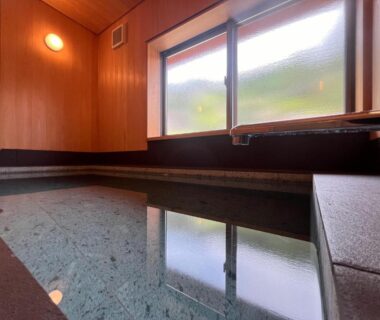 Stone indoor onsen bath with wood-paneled walls and frosted window at Utsuboya-sō, Tokyo