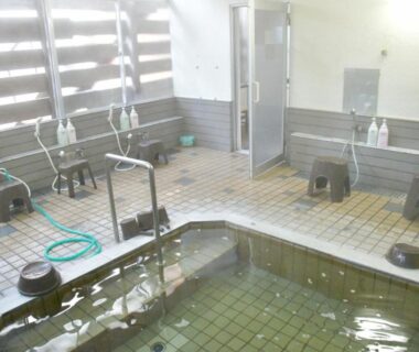Tiled indoor communal bath with washing stations and stools at Oyado Marutoya in Nagano