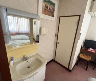 Compact ryokan guest room with sink and mirror, bed, desk and TV at Oyado Marutoya in Nagano